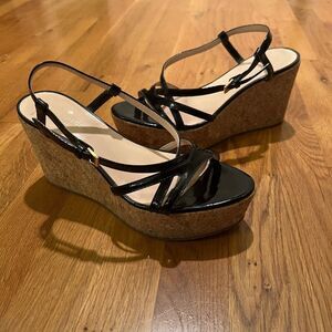 GUC Kate Spade Theodora Cork Wedge Heel Black Patent Leather Sandals Shoes 7.5 M